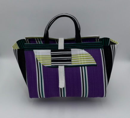 Lavender Large handwoven tote bag by SCRUBIES in Purple,White with Stripes design and Almond accent pattern