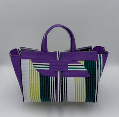 Pearl Large handwoven tote bag by SCRUBIES in Purple,White,Green,Lime with Stripes design and Almond accent pattern