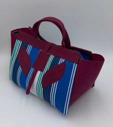 Berry Large handwoven tote bag by SCRUBIES in Blue,White,Wine,Teal with Stripes design and Leaf accent pattern