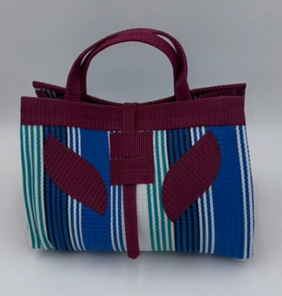 Berry Large handwoven tote bag by SCRUBIES in Blue,White,Wine,Teal with Stripes design and Leaf accent pattern