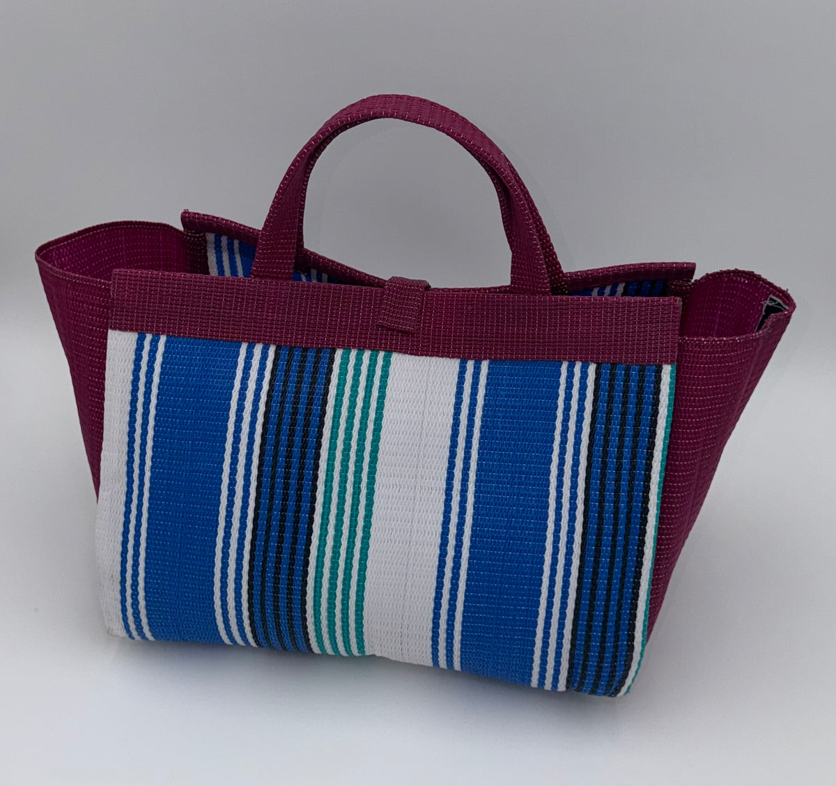 Berry Large handwoven tote bag by SCRUBIES in Blue,White,Wine,Teal with Stripes design and Bow accent pattern