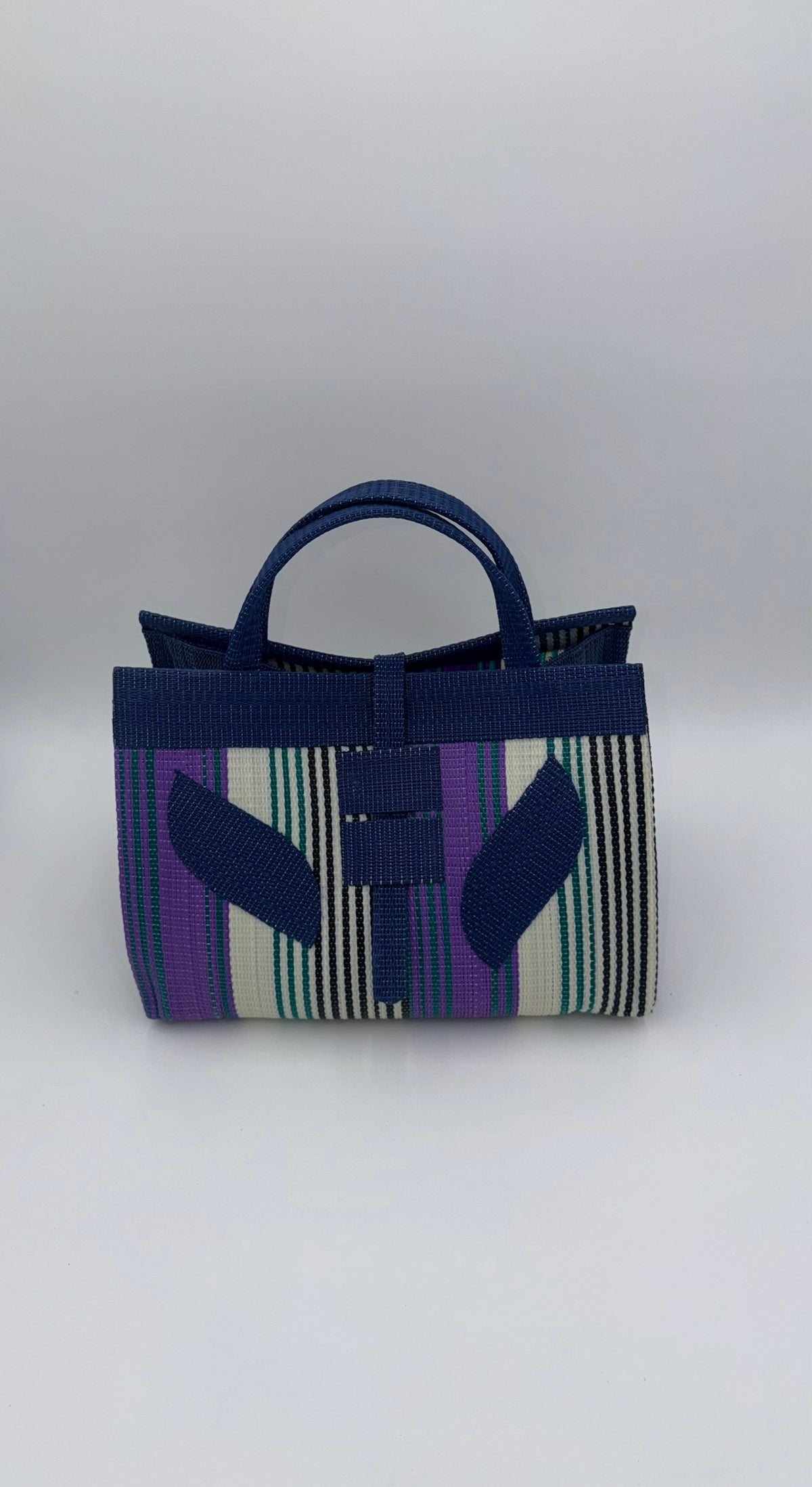 Lavender Large handwoven tote bag by SCRUBIES in Blue,White,Purple,Teal with Stripes design and Leaf accent pattern