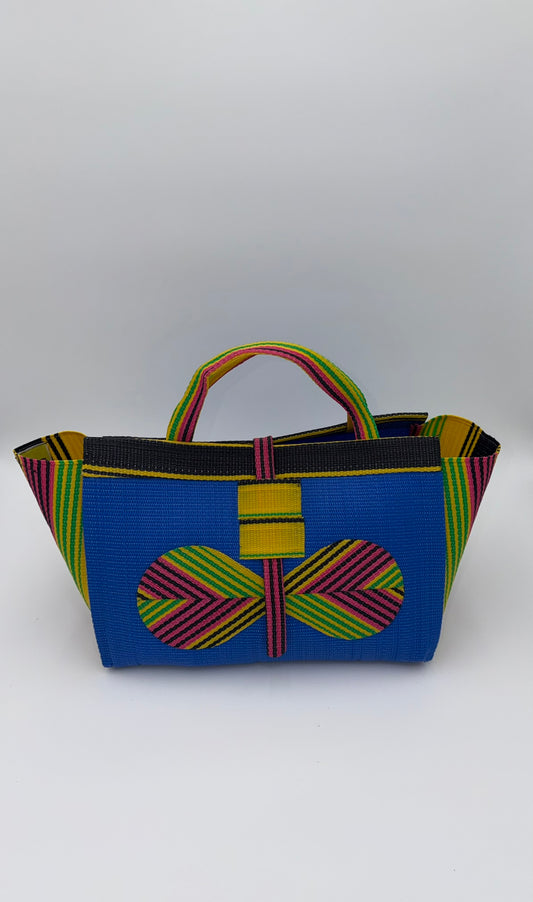 Lagoon Large handwoven tote bag by SCRUBIES in Blue,Yellow,Green,Pink with Solid design and Bow accent pattern