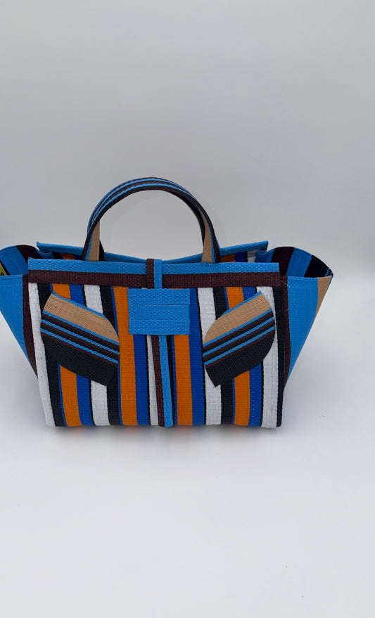 Sunshine Large handwoven tote bag by SCRUBIES in Blue,White,Orange,Black with Stripes design and Leaf accent pattern
