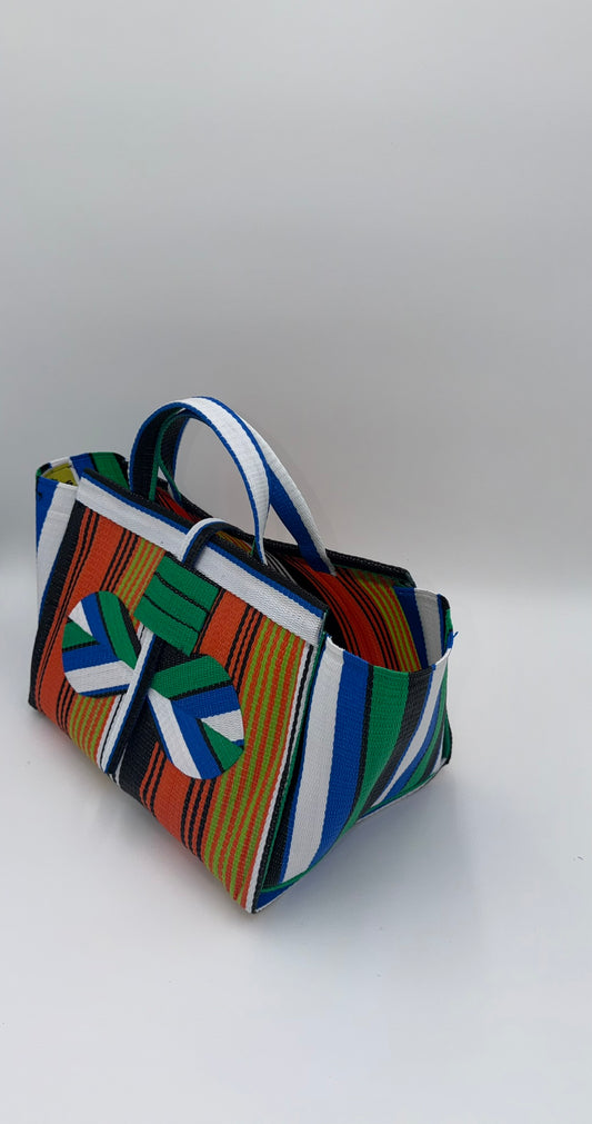 Citrus Large handwoven tote bag by SCRUBIES in Orange,White,Green,Blue with Stripes design and Bow accent pattern