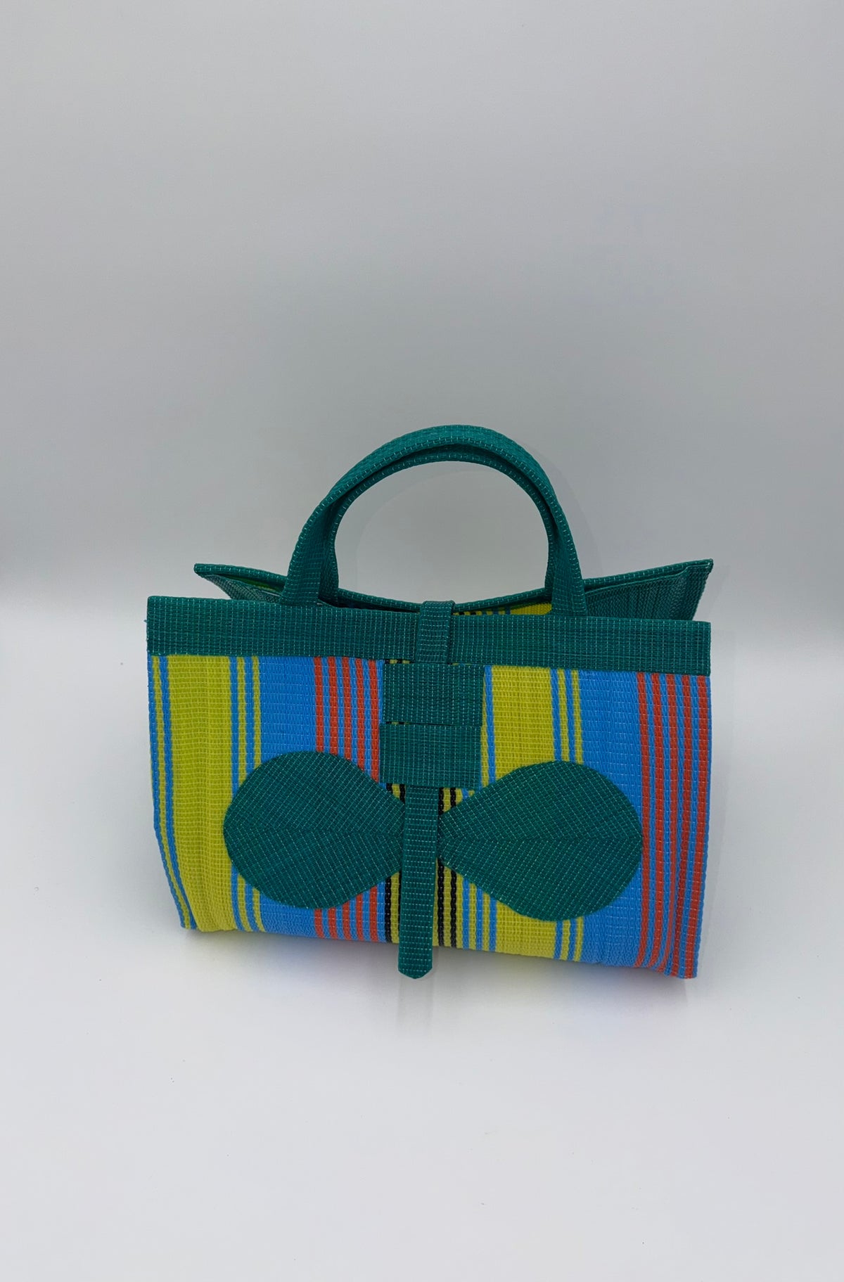 Citrus Large handwoven tote bag by SCRUBIES in Green,Yellow,Blue with Stripes design and Bow accent pattern