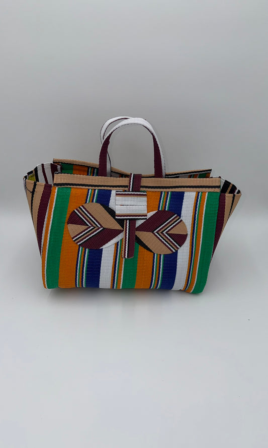 Citrus Large handwoven tote bag by SCRUBIES in Orange,Green,White,Beige with Stripes design and Bow accent pattern