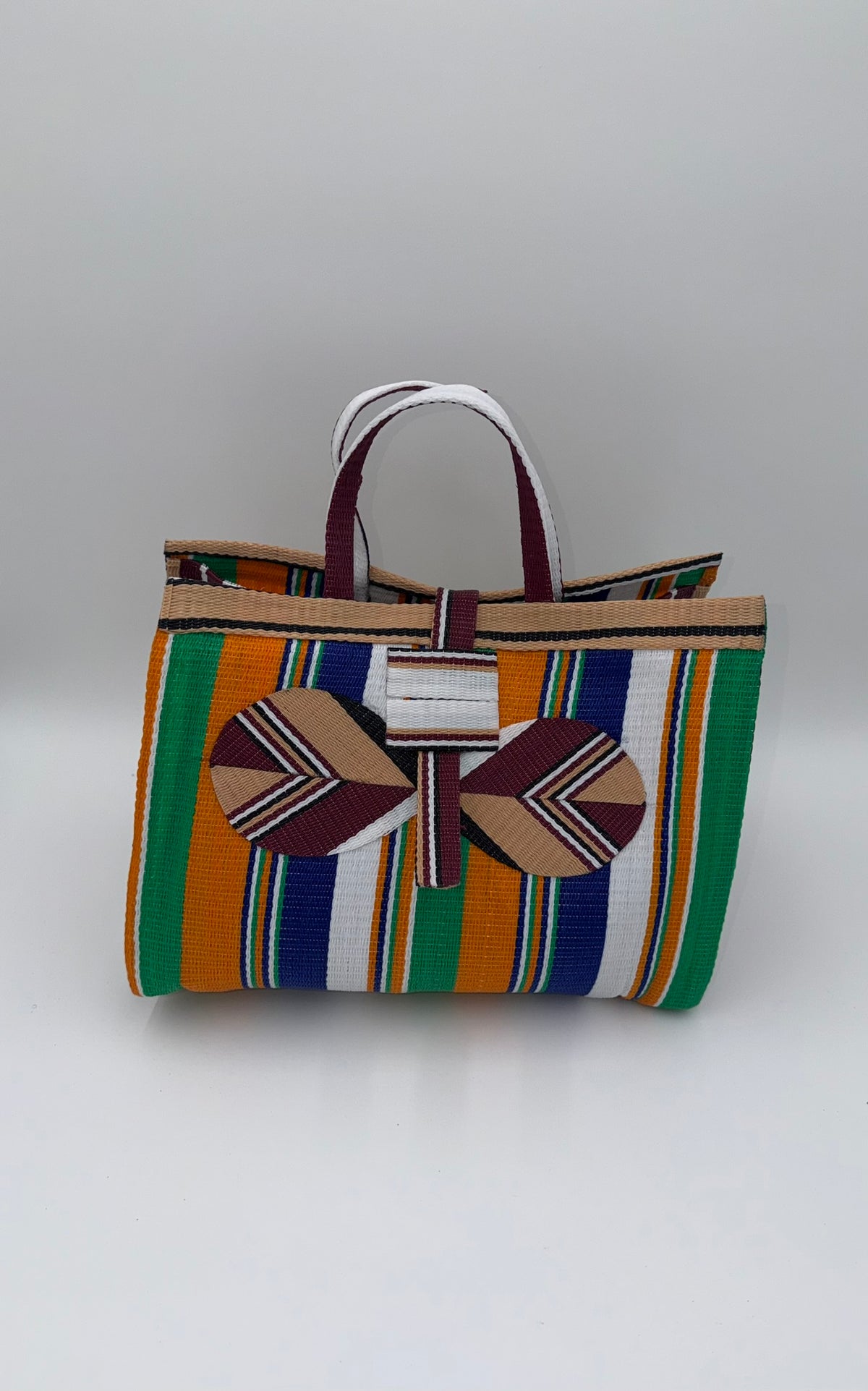 Citrus Large handwoven tote bag by SCRUBIES in Orange,Green,White,Beige with Stripes design and Bow accent pattern