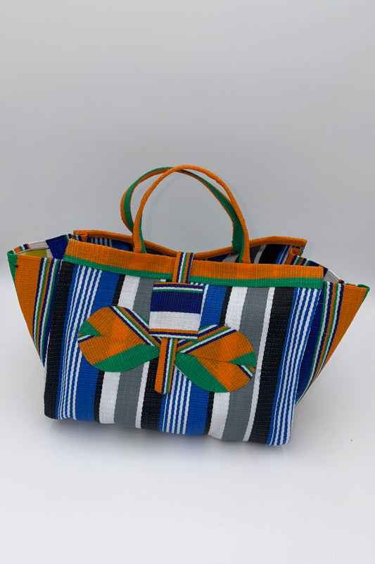 Berry Large handwoven tote bag by SCRUBIES in Blue,Orange,White,Grey, with Stripes design and Bow accent pattern