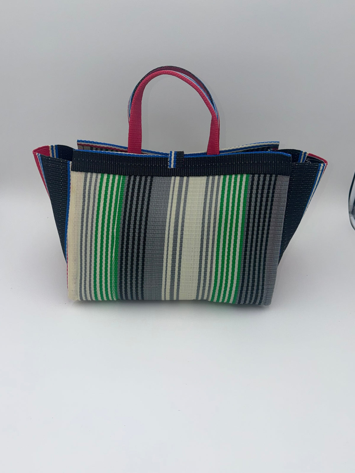 Emerald Large handwoven tote bag by SCRUBIES in Grey,Black,Green,Cream,Pink with Stripes design and Almond accent pattern