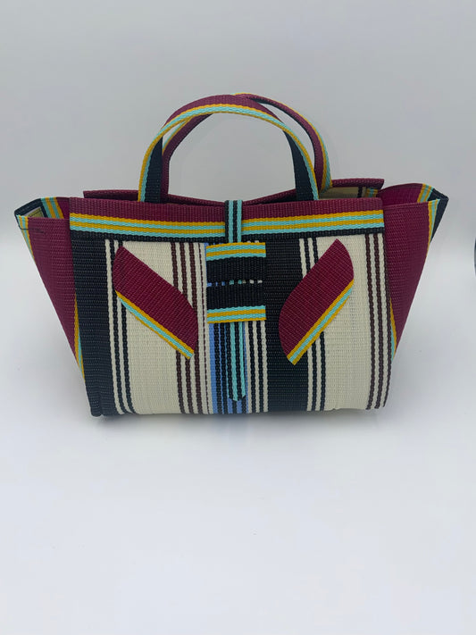 Pearl Large handwoven tote bag by SCRUBIES in Cream,,Wine,Black with Stripes design and Leaf accent pattern