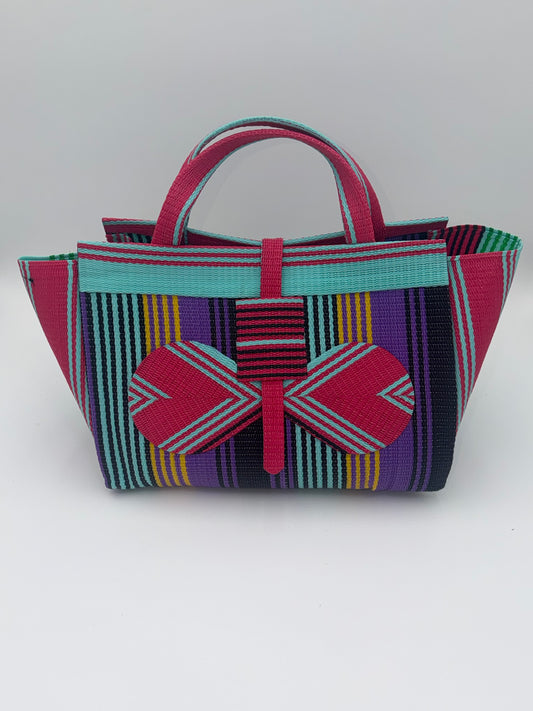 Candy Large handwoven tote bag by SCRUBIES in Pink,Teal,Purple,Black with Stripes design and Bow accent pattern