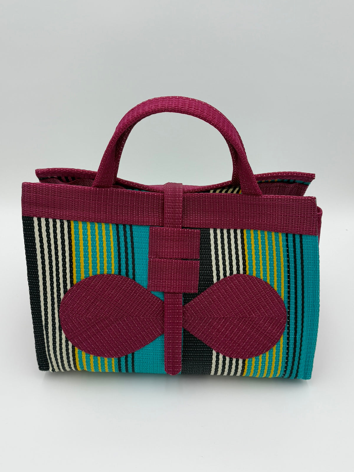 Emerald Large handwoven tote bag by SCRUBIES in Wine,Green,Black with Stripes design and Bow accent pattern