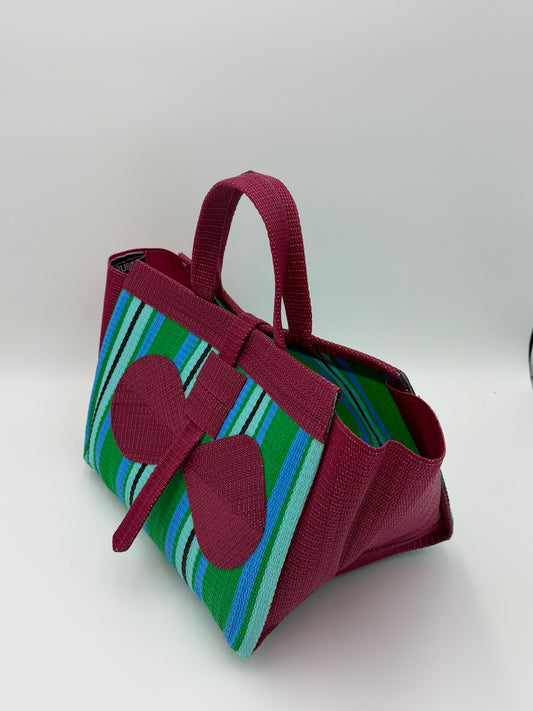 Emerald Large handwoven tote bag by SCRUBIES in White,Green,Teal with Stripes design and Bow accent pattern