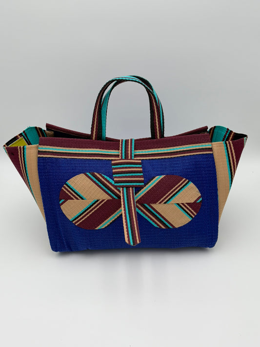 Berry Large handwoven tote bag by SCRUBIES in Blue,Beige,Brown with Solid design and Bow accent pattern