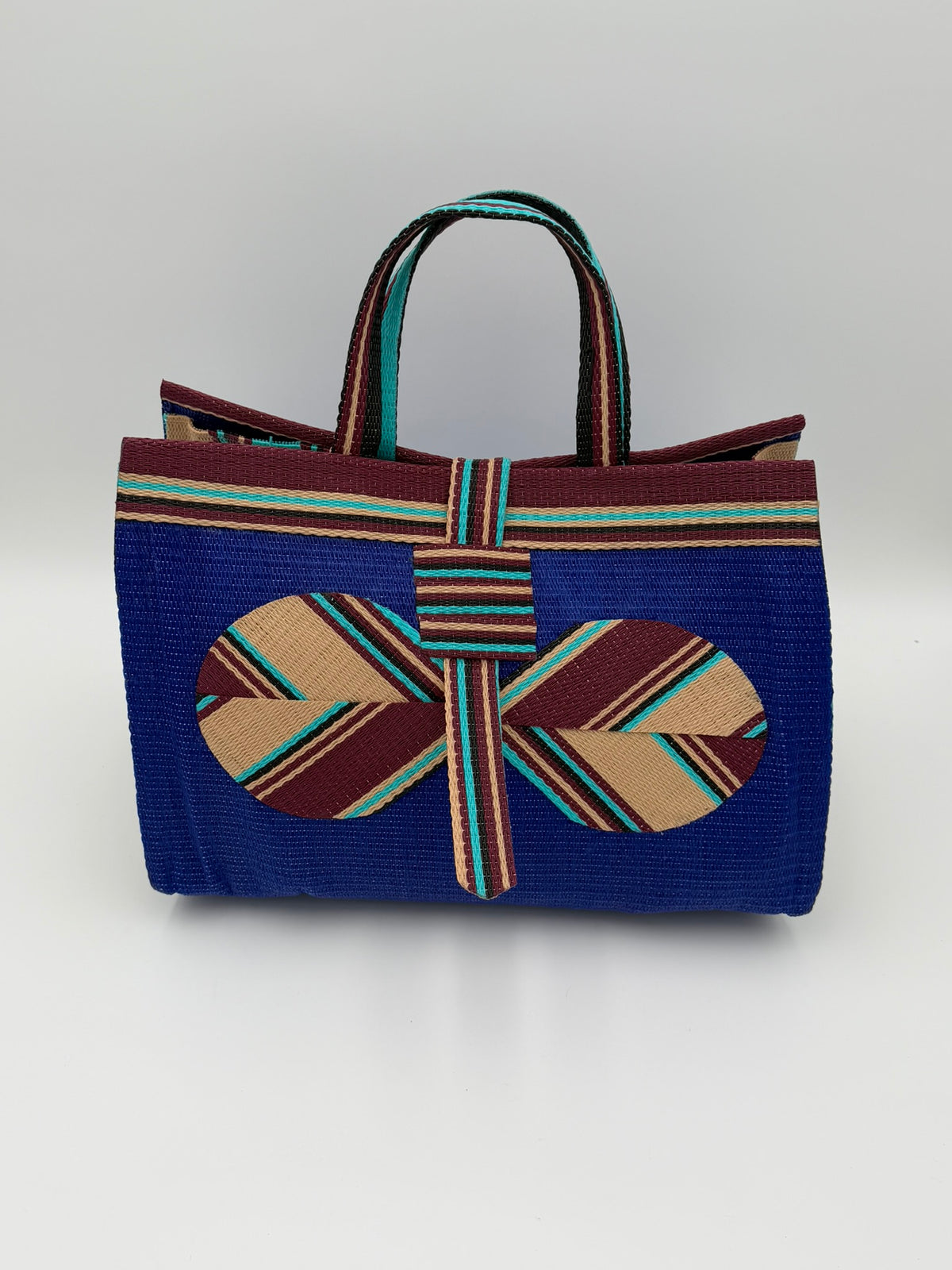 Berry Large handwoven tote bag by SCRUBIES in Blue,Beige,Brown with Solid design and Bow accent pattern
