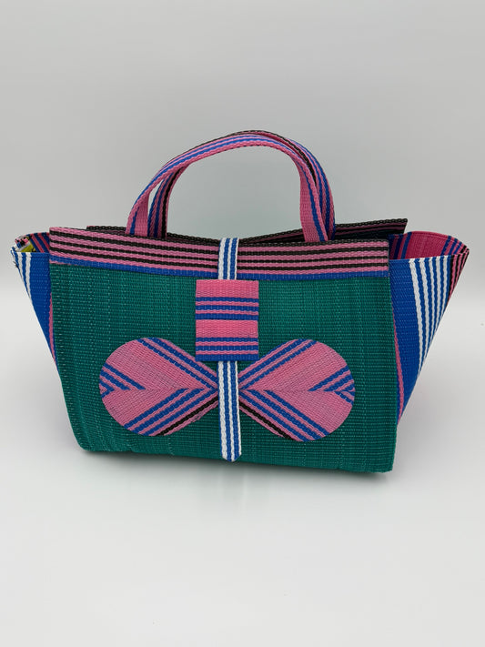 Candy Large handwoven tote bag by SCRUBIES in Green,Pink with Solid design and Bow accent pattern