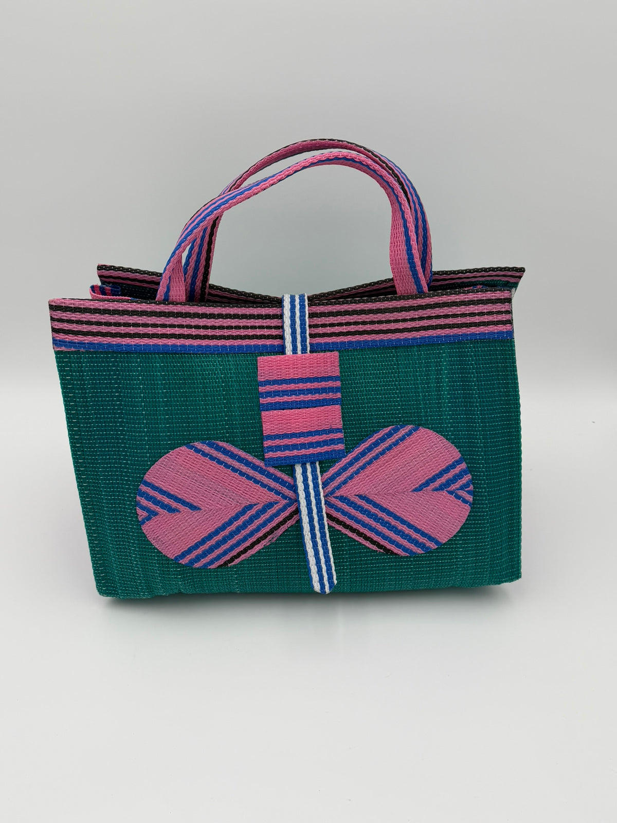 Candy Large handwoven tote bag by SCRUBIES in Green,Pink with Solid design and Bow accent pattern