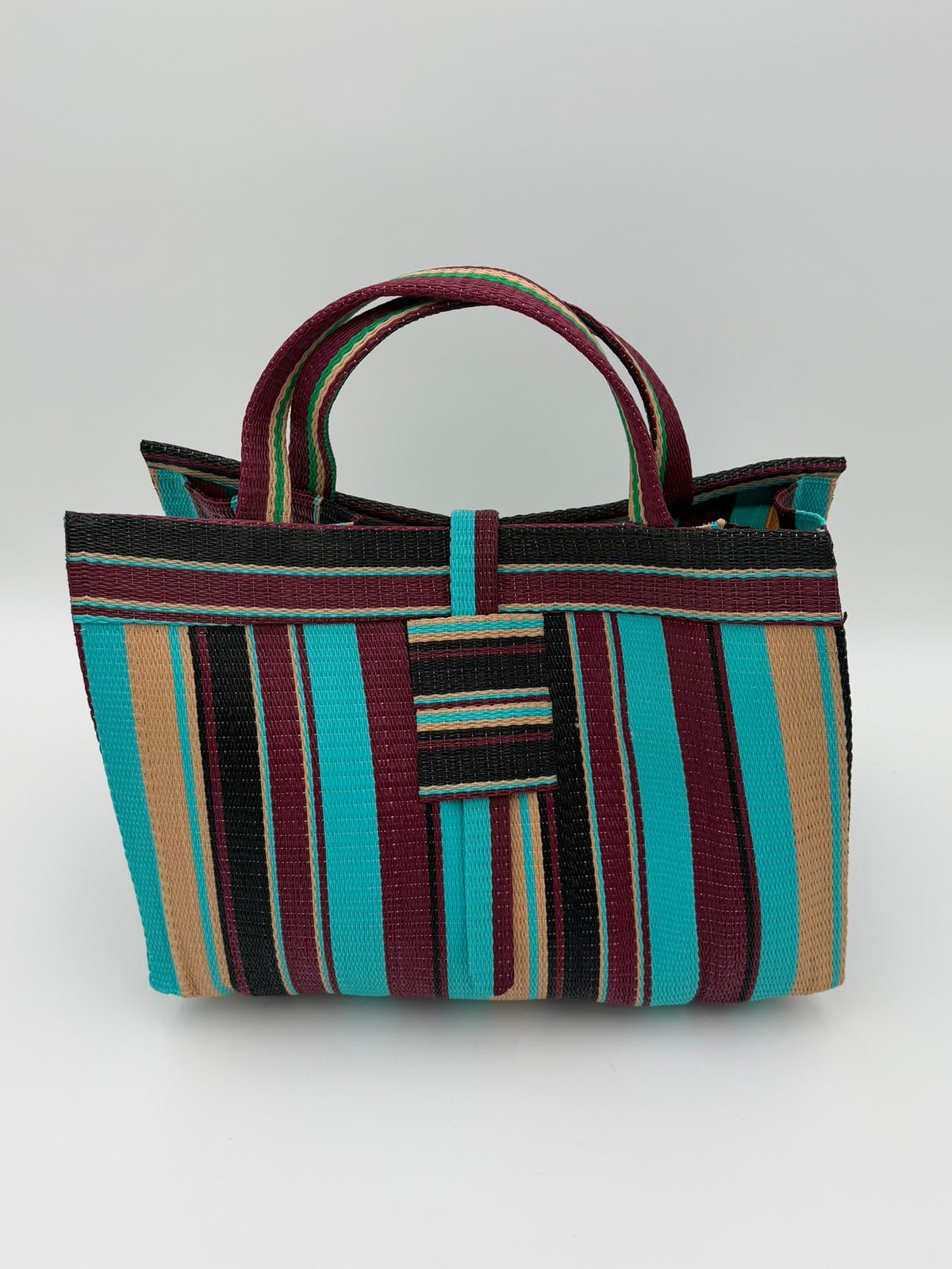 Boho Large handwoven tote bag by SCRUBIES in Turquoise,Wine,Beige, with Stripes design and None accent pattern