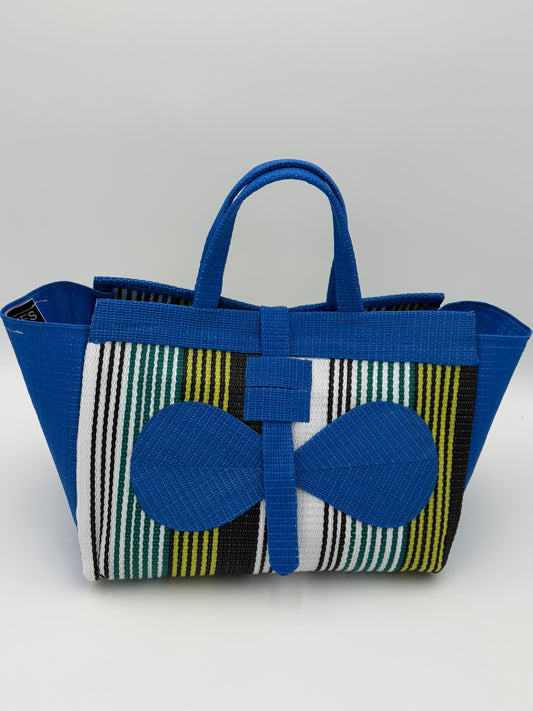 Pearl Large handwoven tote bag by SCRUBIES in Blue,White,Green,Yellow with Stripes design and Bow accent pattern