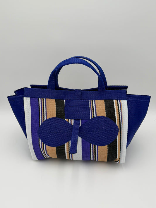 Beige Large handwoven tote bag by SCRUBIES in Blue,Beige,White,Black with Stripes design and Bow accent pattern
