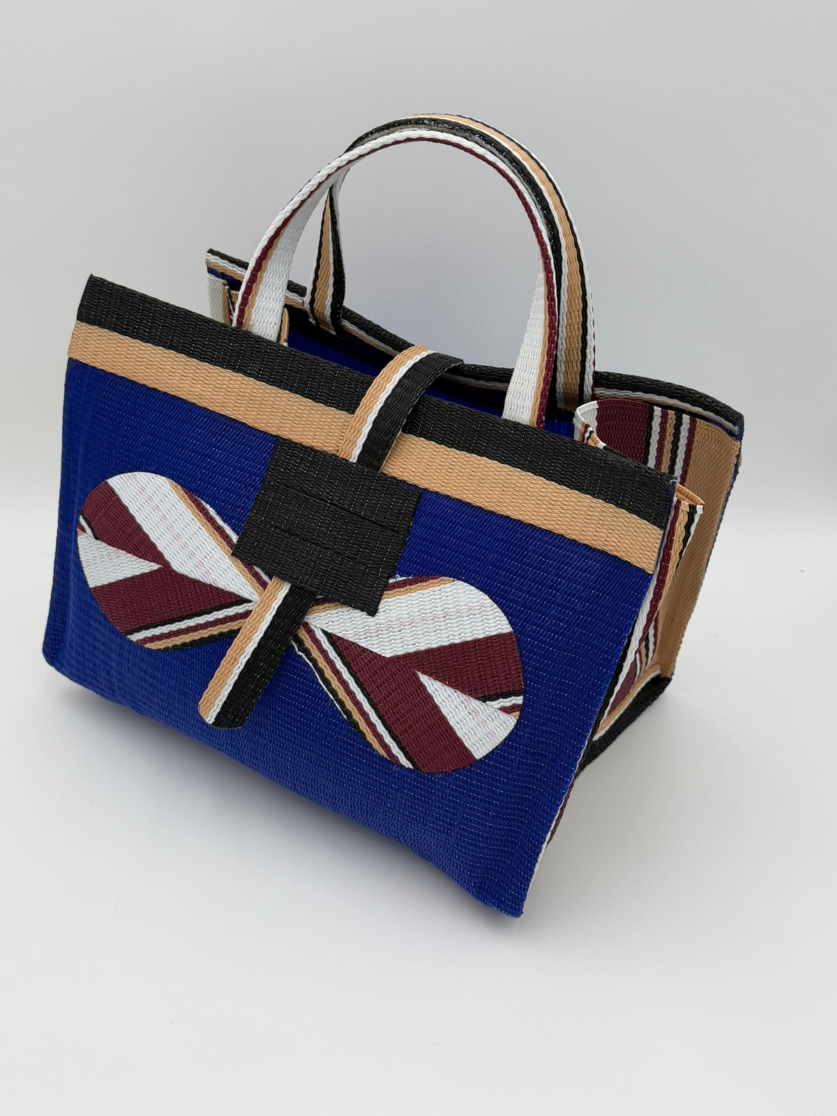 Berry Large handwoven tote bag by SCRUBIES in Blue,Beige,Black with Solid design and Bow accent pattern