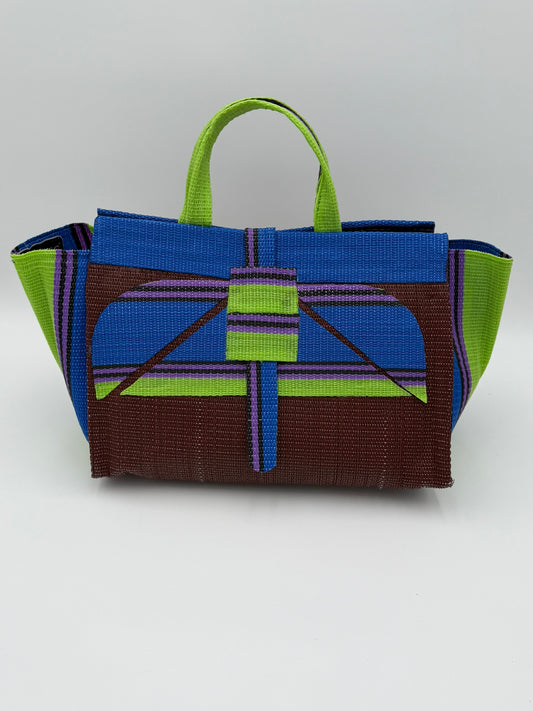Brownie Large handwoven tote bag by SCRUBIES in Brown,Blue,Green with Solid design and Abstract accent pattern