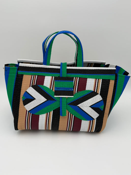 Woodland Large handwoven tote bag by SCRUBIES in Green,Beige,Wine,White,Black with Stripes design and Bow accent pattern