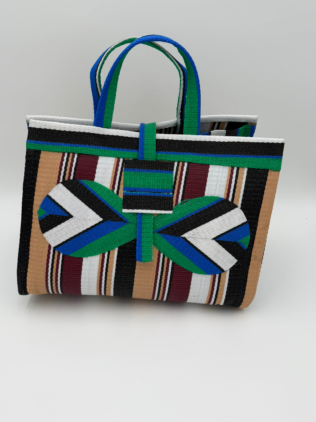 Woodland Large handwoven tote bag by SCRUBIES in Green,Beige,Wine,White,Black with Stripes design and Bow accent pattern