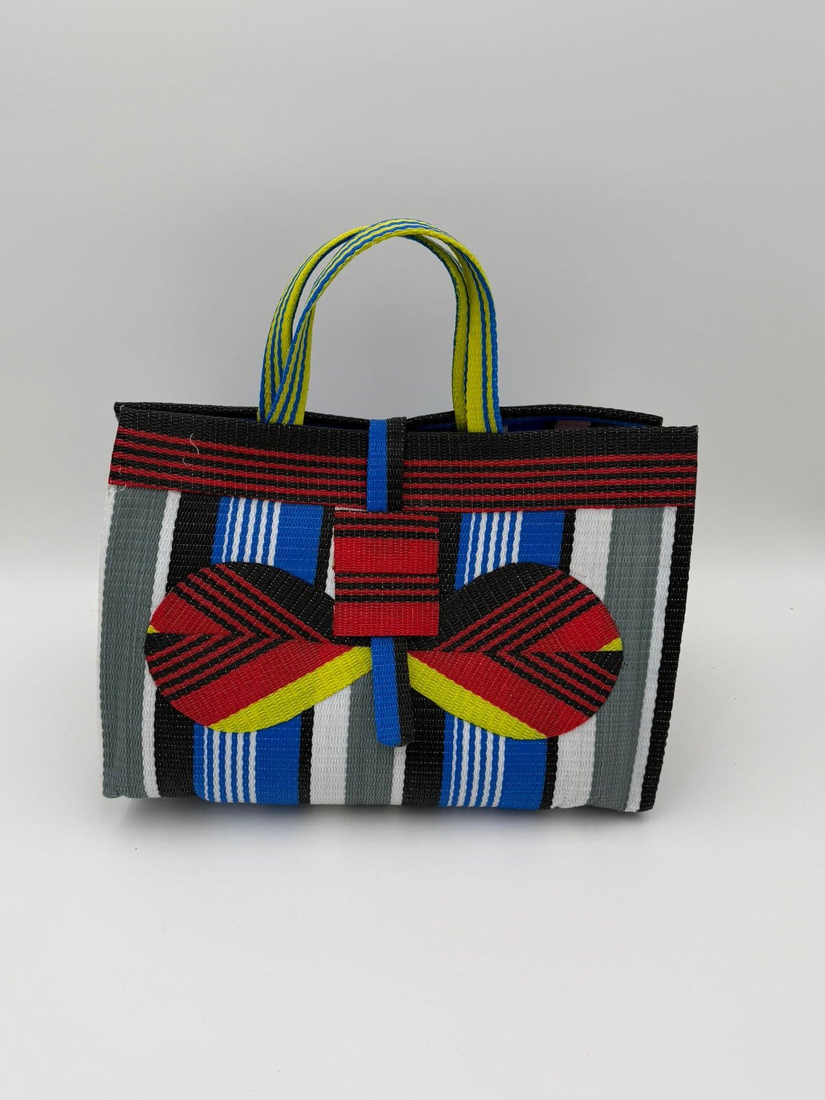 Regal Large handwoven tote bag by SCRUBIES in Red,Black,Blue,White,Yellow with Stripes design and Bow accent pattern