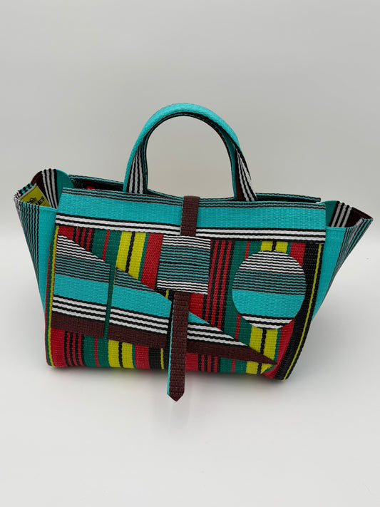 Africana Large handwoven tote bag by SCRUBIES in Red,Black,Blue,White,Yellow,Teal with Stripes design and Abstract accent pattern