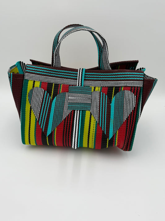 Africana Large handwoven tote bag by SCRUBIES in Red,Black,Blue,White,Yellow,Teal with Stripes design and Love accent pattern