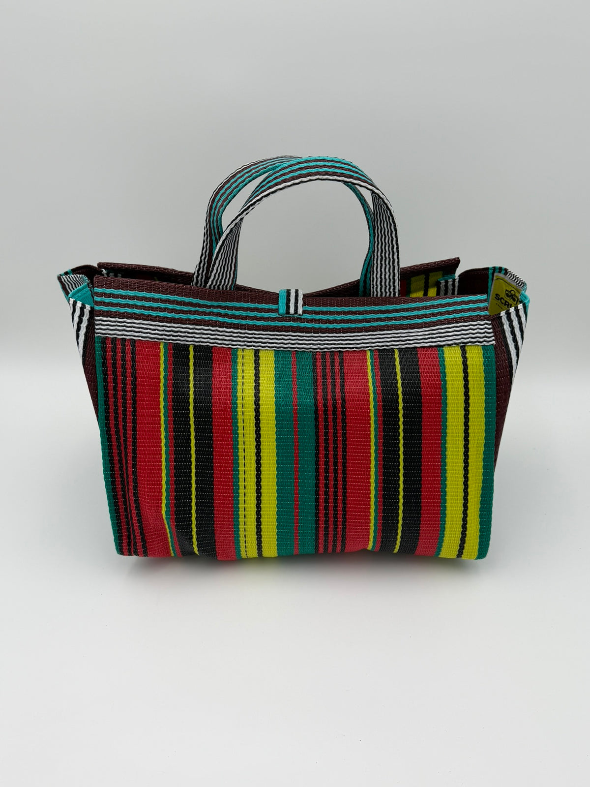 Africana Large handwoven tote bag by SCRUBIES in Red,Black,Blue,White,Yellow,Teal with Stripes design and Love accent pattern