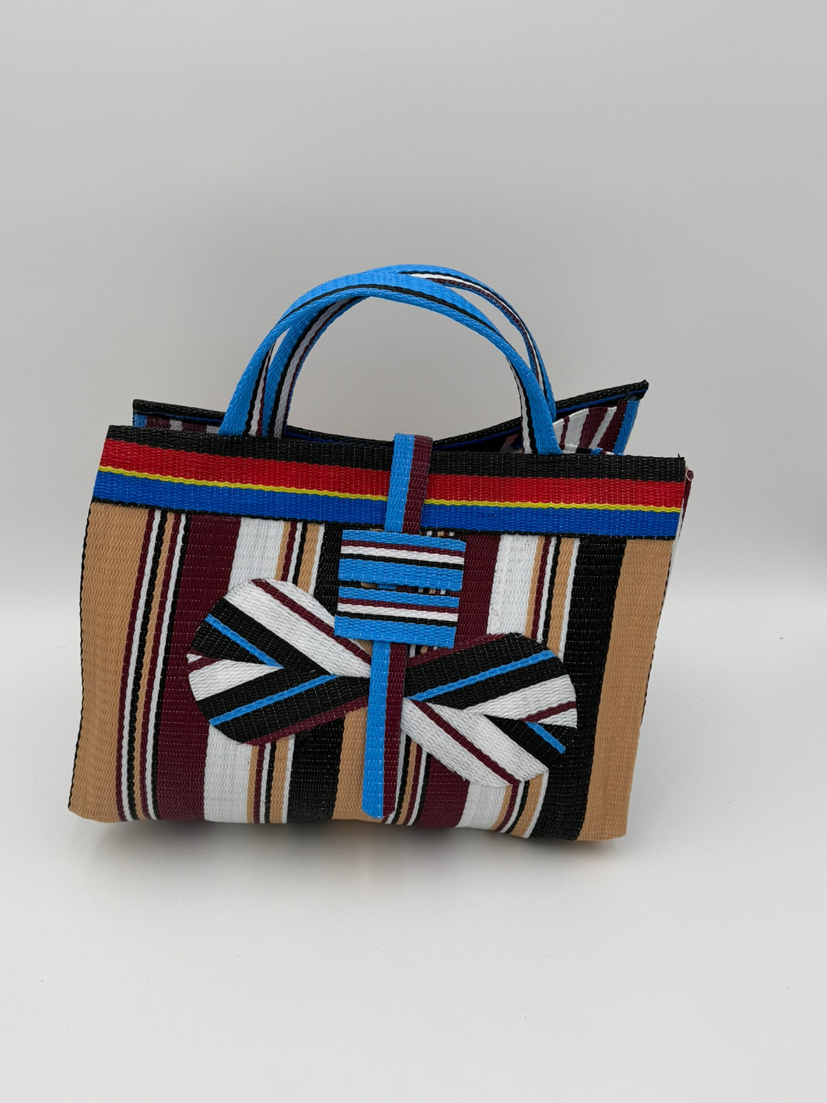Pearl Large handwoven tote bag by SCRUBIES in Teal,White,Blue,Brown with Stripes design and Bow accent pattern