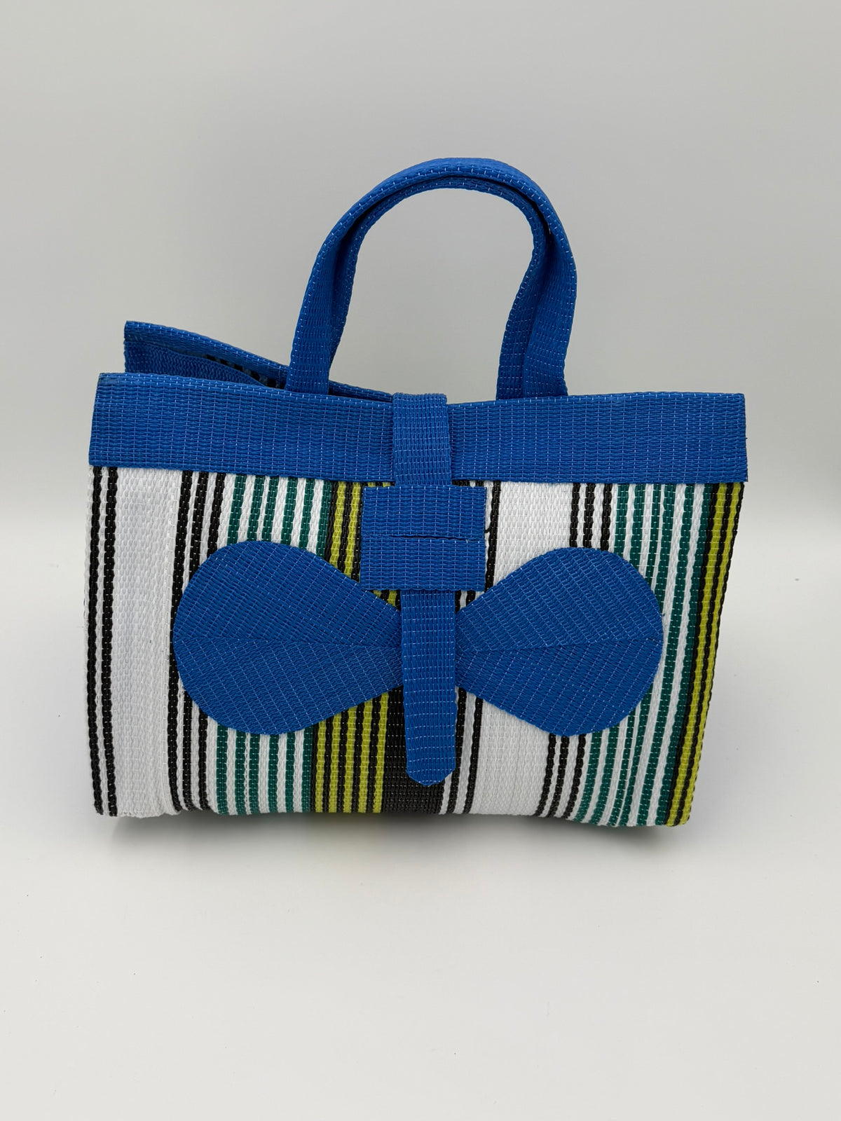 Pearl Large handwoven tote bag by SCRUBIES in Blue,White,Yellow with Stripes design and Bow accent pattern