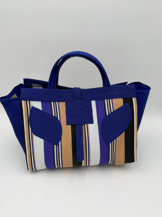 Beige Large handwoven tote bag by SCRUBIES in Beige,Blue,White,Purple with Stripes design and Leaf accent pattern