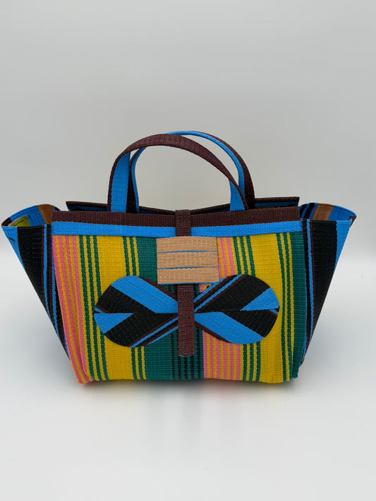 Citrus Large handwoven tote bag by SCRUBIES in Yellos,Green,Pink,Blue with Stripes design and Bow accent pattern