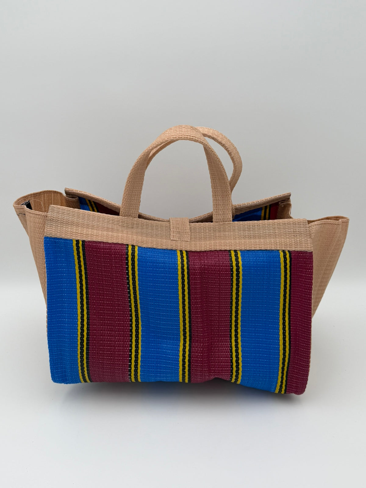 Winery Large handwoven tote bag by SCRUBIES in Wine,Blue,Beige with Stripes design and Abstract accent pattern
