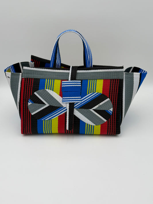 Regal Large handwoven tote bag by SCRUBIES in Red,Yellow,Blue,White,Black with Stripes design and Bow accent pattern