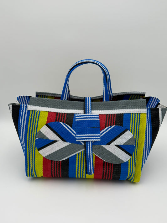 Regal Large handwoven tote bag by SCRUBIES in Red,Yellow,Blue,White,Black with Stripes design and Bow accent pattern