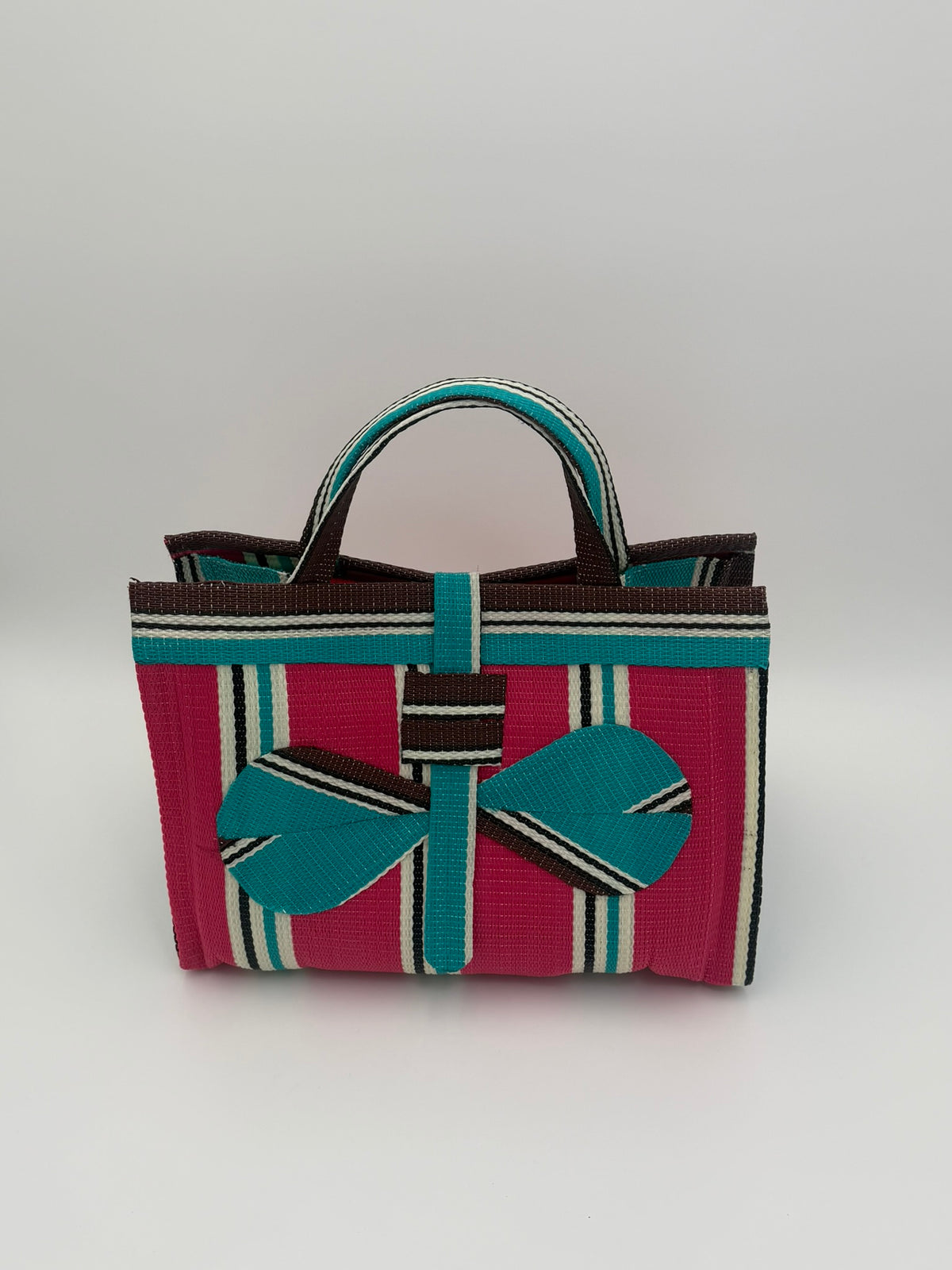 Boho Large handwoven tote bag by SCRUBIES in Teal,Beige,Pink,Purple with Stripes design and Leaf accent pattern