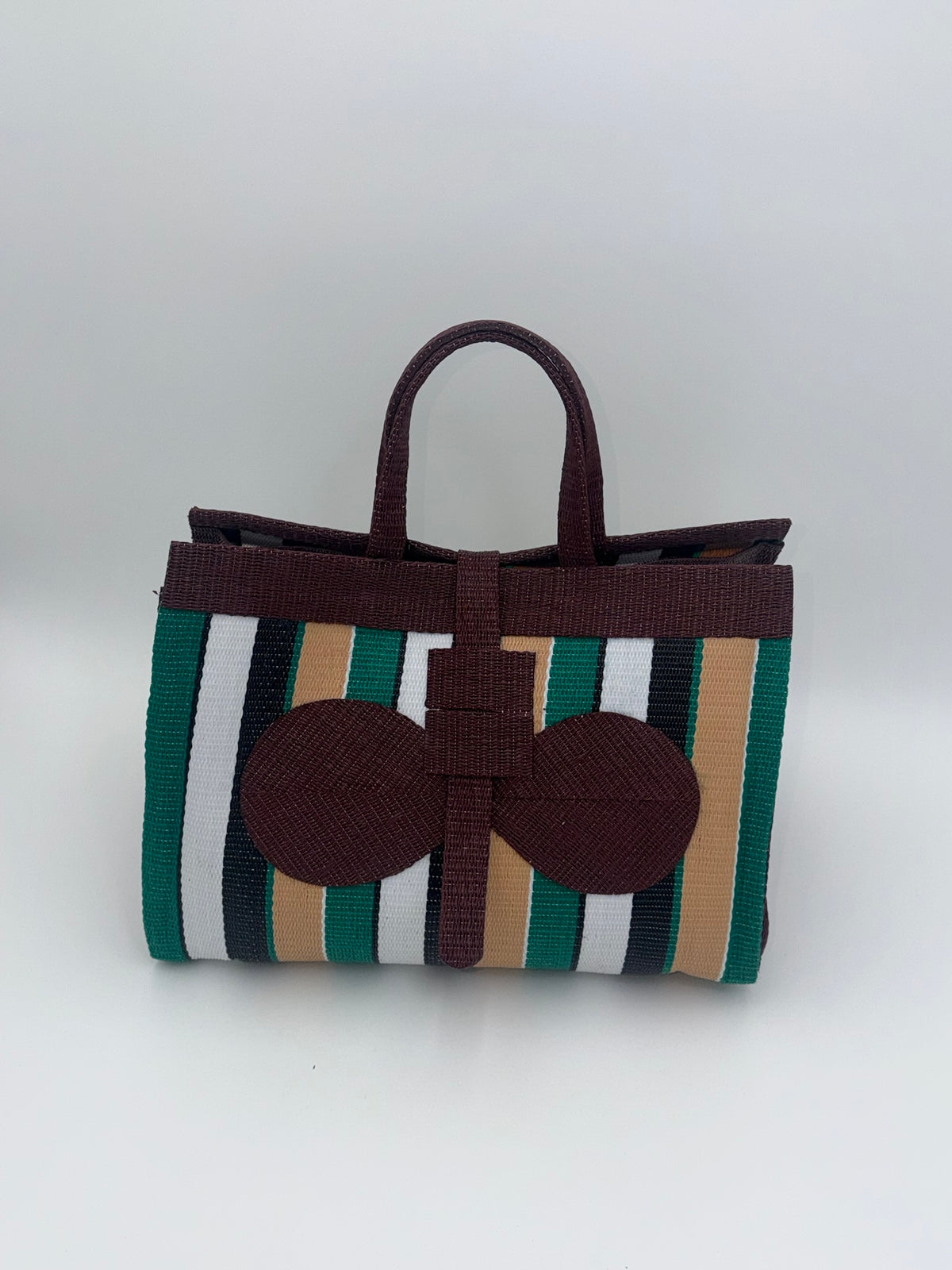 Boho Large handwoven tote bag by SCRUBIES in ,Brown,Green,White,Beige with Stripes design and Bow accent pattern
