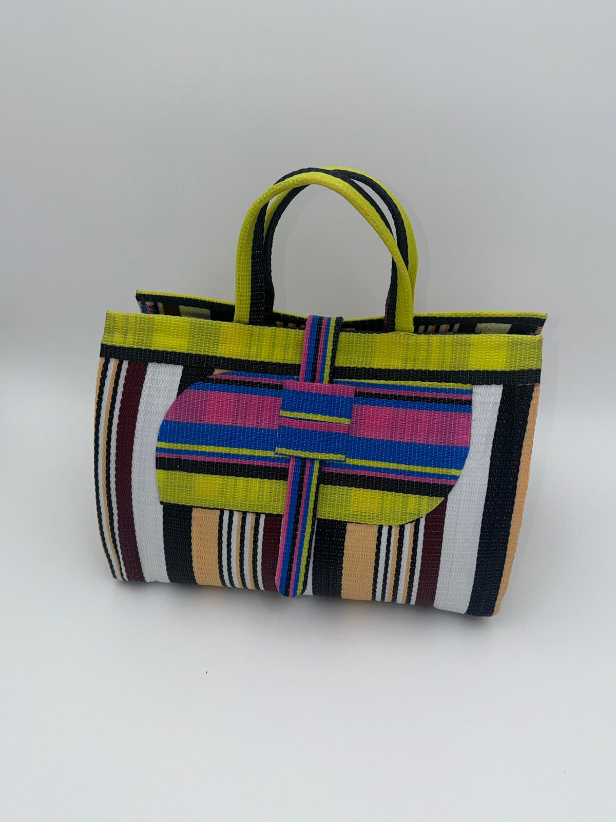 Woodland Large handwoven tote bag by SCRUBIES in Yelow,Pink,White,Black,Beige with Stripes design and Almond accent pattern