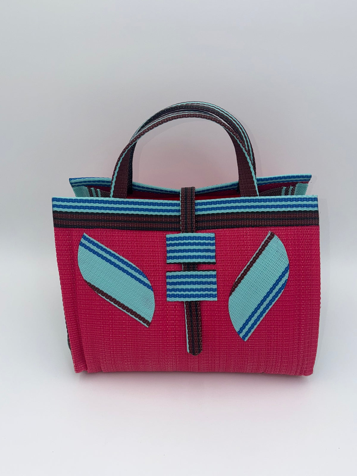 Candy Large handwoven tote bag by SCRUBIES in Pink,Teal,Brown with Solid design and Leaf accent pattern