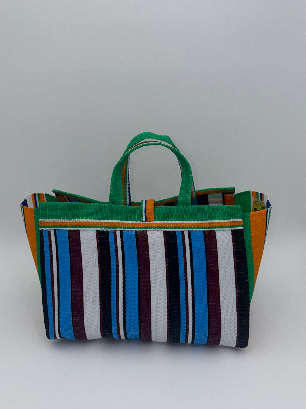Boho Large handwoven tote bag by SCRUBIES in Green,Blue,White,Orange with Stripes design and Leaf accent pattern