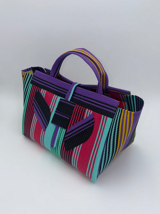 Candy Large handwoven tote bag by SCRUBIES in Teal,Purple,Pink,Black with Stripes design and Leaf accent pattern