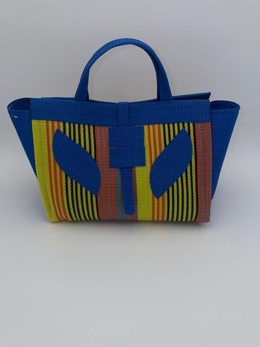 Citrus Large handwoven tote bag by SCRUBIES in Blue,Yellow,Orange with Stripes design and Leaf accent pattern