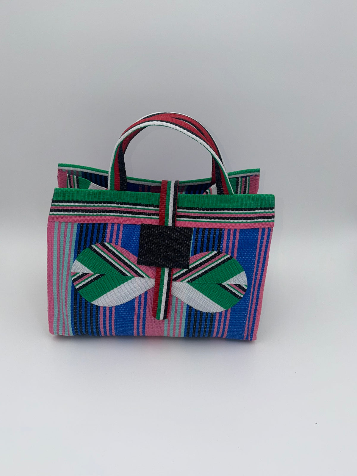 Citrus Large handwoven tote bag by SCRUBIES in Blue,Yellow,Orange with Stripes design and Leaf accent pattern