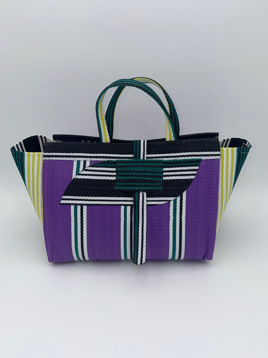 Lavender Large handwoven tote bag by SCRUBIES in Purple,White,Black with Stripes design and Almond accent pattern
