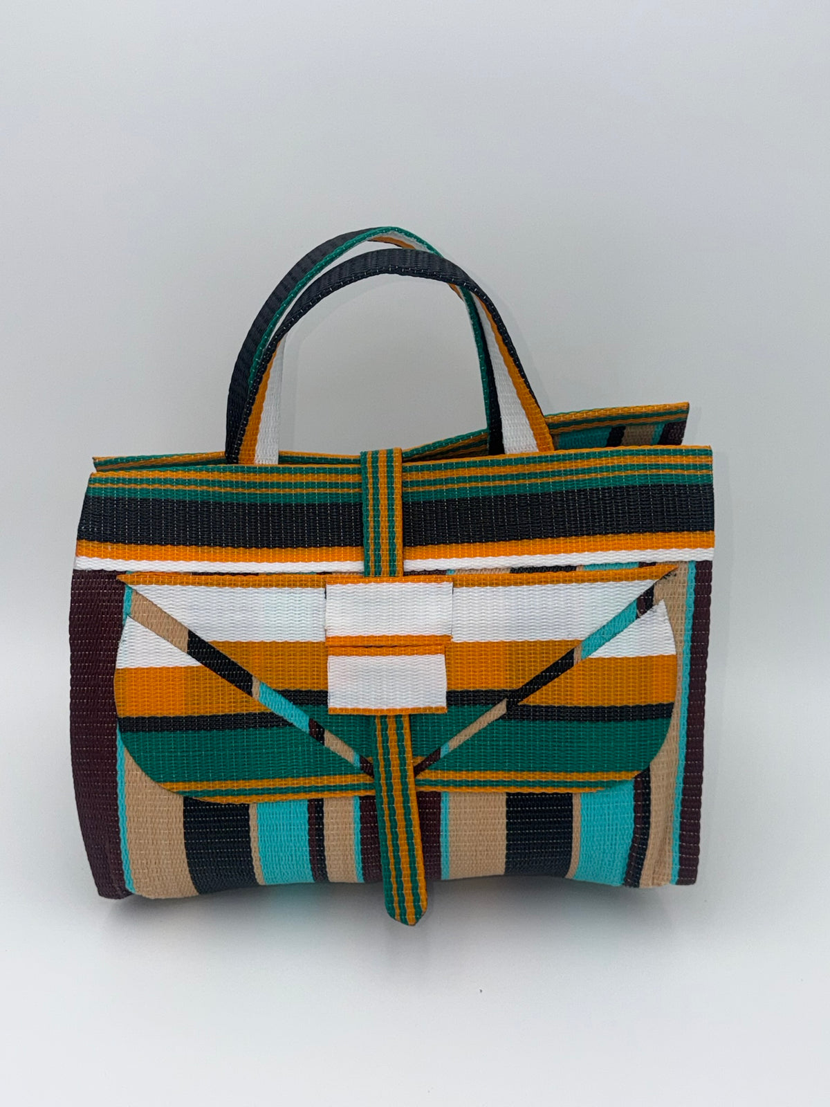 Boho Large handwoven tote bag by SCRUBIES in Orange,White,Breen,Teal,Beige,Black with Stripes design and Abstract accent pattern